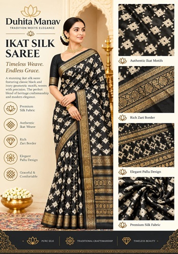 Black & Ivory Ikat Silk Saree – Geometric Heritage