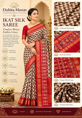 Earthy Ikat Silk Saree – Vibrant Red Border Elegance
