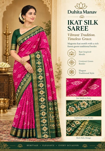Magenta Ikat Saree – Forest Green Border Elegance